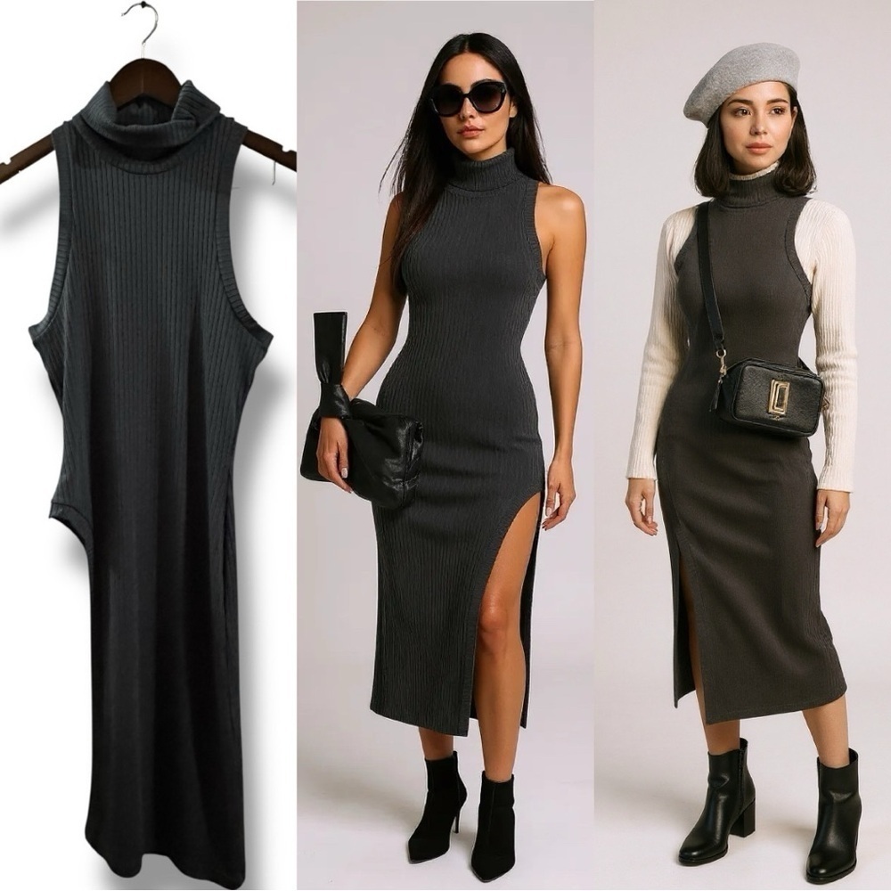 231 Nasty Gal |NWOT Bulgaria Charcoal Sleeveless Ribbed Turtleneck Dress(Sz S)